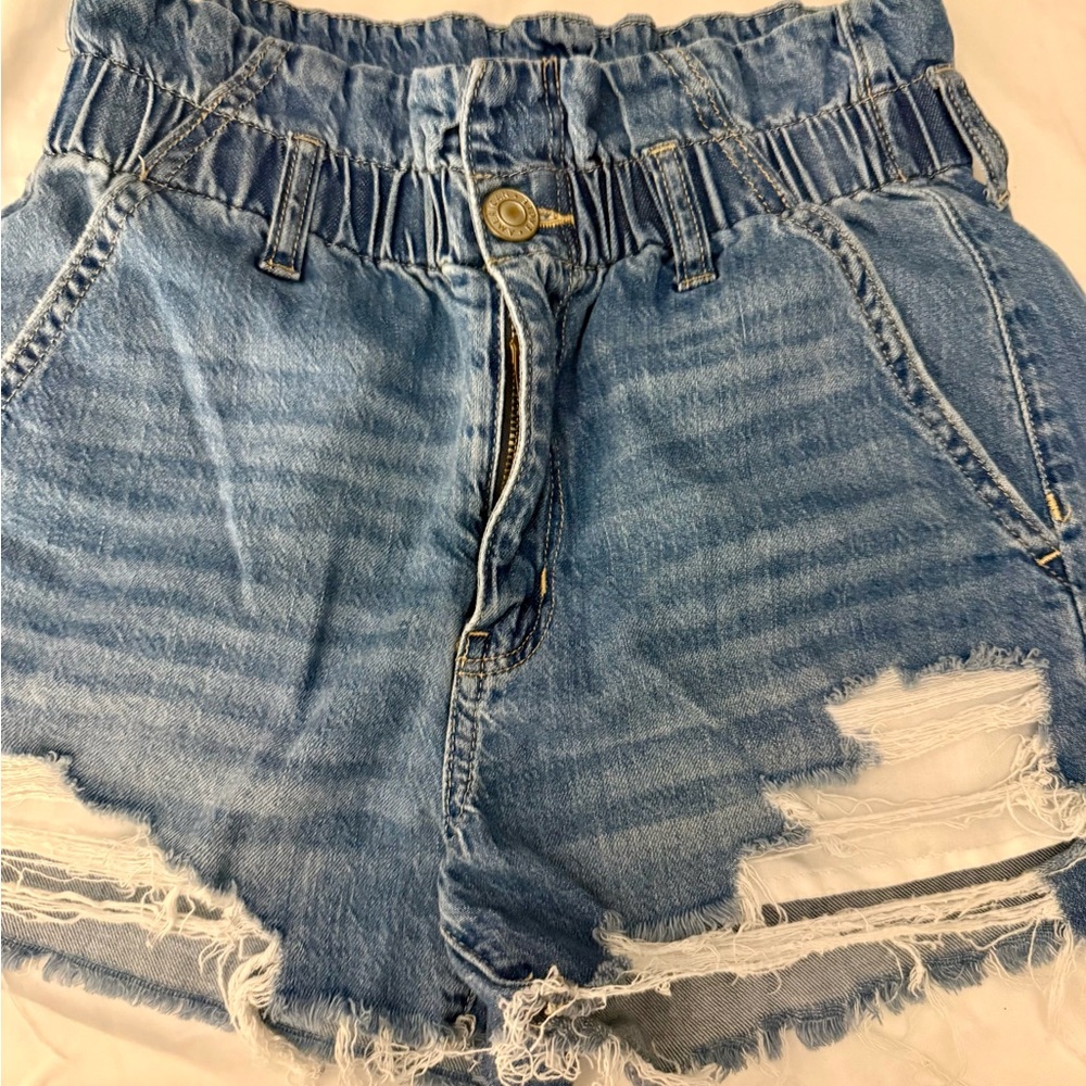 American Eagle Outfitters Light Blue High-Waist Paperbag Distressed Denim Shorts